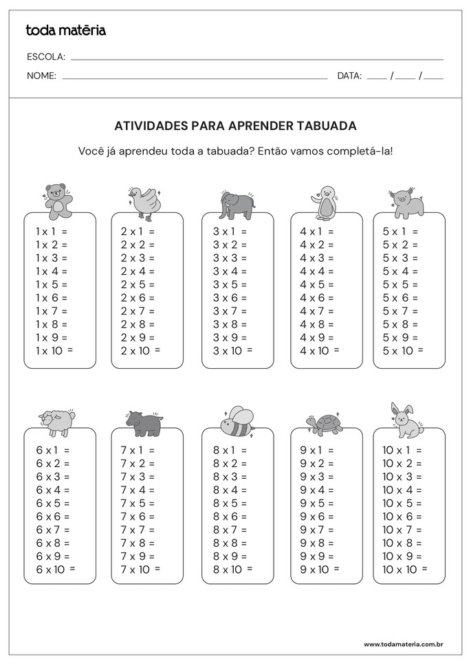 Atividades de tabuada do 1 ao 10 (para imprimir) - Toda Matéria